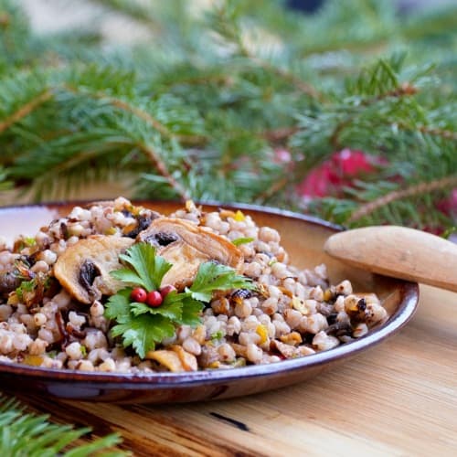 Bezlepkový Houbový Kuba Z Pohanky: Vláčný Recept Bez Lepku 1 Bezlepkový houbový kuba z pohanky a žampionů servírovaný na talíři s kyselou okurkou jako veganský recept