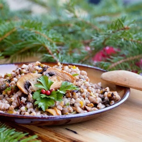 Bezlepkový Houbový Kuba Z Pohanky: Vláčný Recept Bez Lepku 1 Bezlepkový houbový kuba z pohanky a žampionů servírovaný na talíři s kyselou okurkou jako veganský recept
